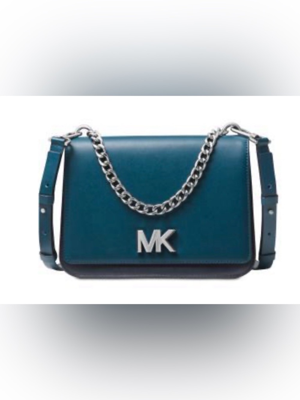Michael Kors Mott Crossbody Bag Leather Flap Chain Strap MK Logo Purse Navy Teal